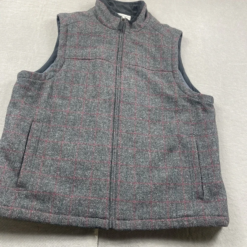 LL Bean Vest Mens XL Gray Plaid Wool‎ Blend Full Zip Quilt Insulated